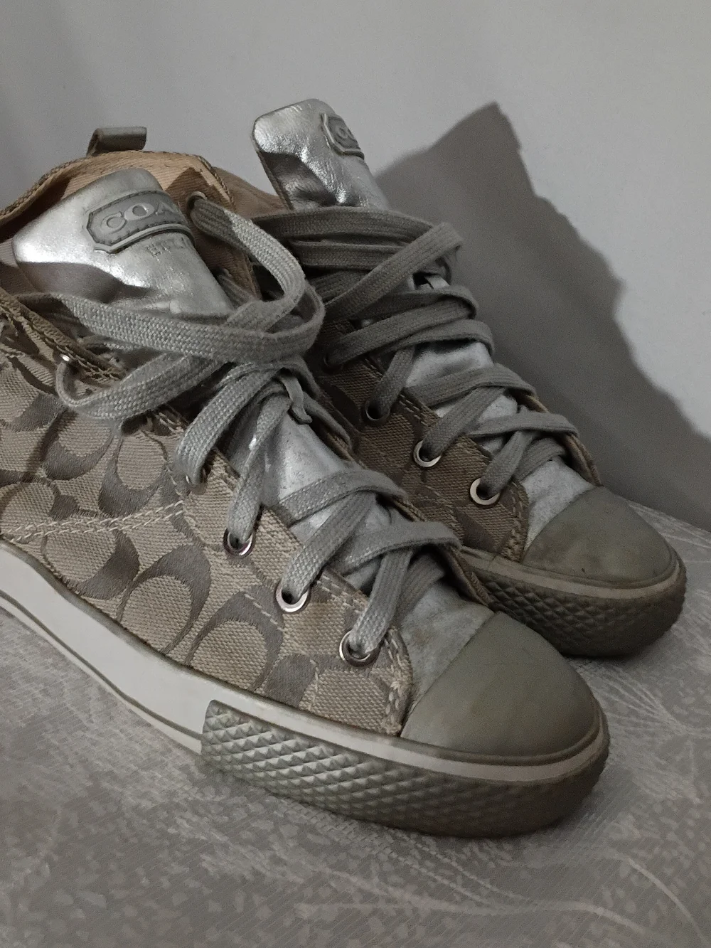 Coach Metallic Silver Monogram High-Top Sneakers